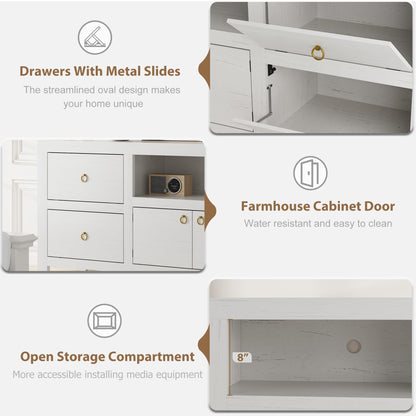 Farmhouse TV Stand for 75/80 Inch TVs, 70" Long Entertainment Center with 6 Storage Drawers & Soundbar Shelf, White Television Consoles Stands for Living Room, Bedroom