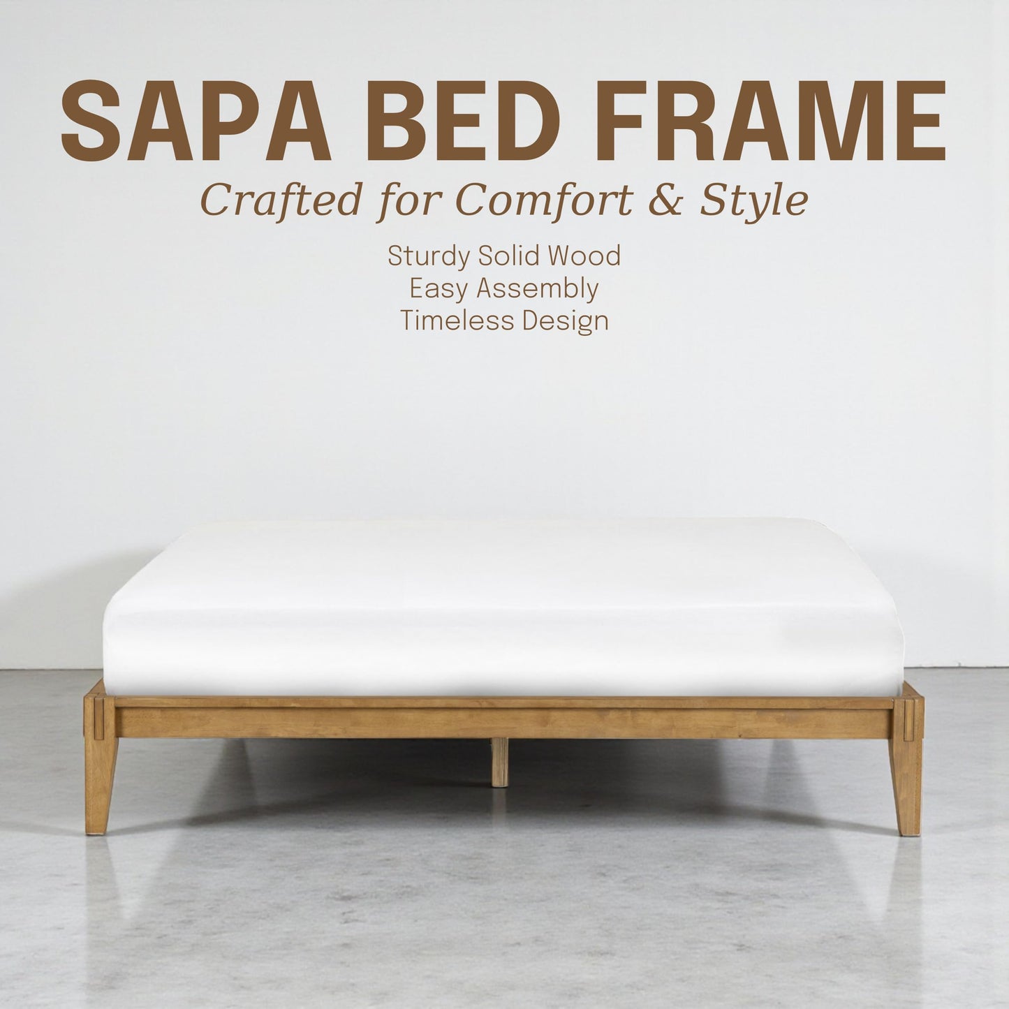 NTC Sapa Solid Wood Platform Bed Frame – Minimalist, Japanese Joinery, No Box Spring Needed, Silent Slats, Easy Assembly – King – Teak Look