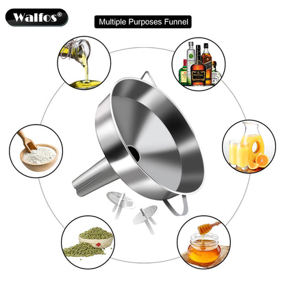 Walfos Extra Large Stainless Steel Funnel with Venting Slot, Kitchen Funnel with 2 Removable Strainer ＆ 1Pc Cleaning Brush, Perfect for Transferring Liquid, Oils, Jam, Dry Ingredients (Jumbo, 7.9")
