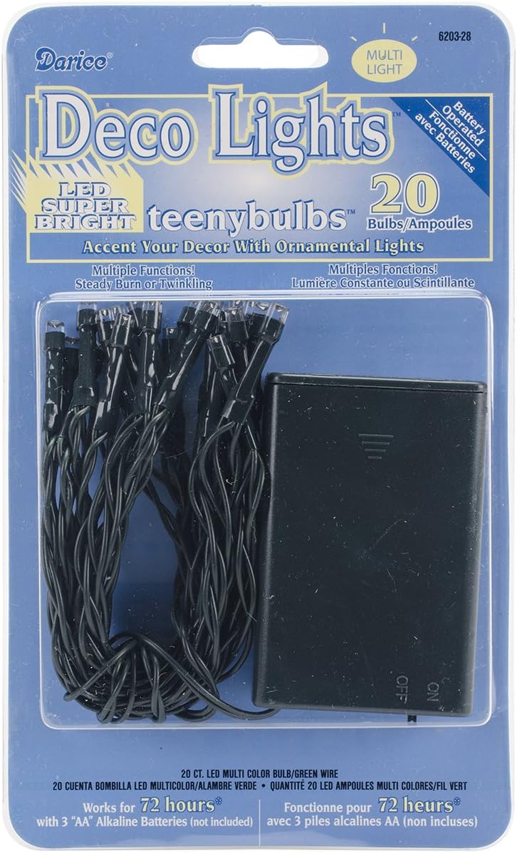 Darice Deco 20 LED Multi Light Set, Battery Operated, Green Wire Teeny Bulb, Multicolored