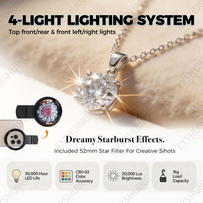 EXSHUING Jewelry Hanging Photography Kit, Product Photography Box – 360° Rotating & Hanging Support, 4 Led Fill Lights, Dimmable Brightness, 3000-5500k, 1kg/2.2lbs Turntable, Rings, Necklaces(TB30)