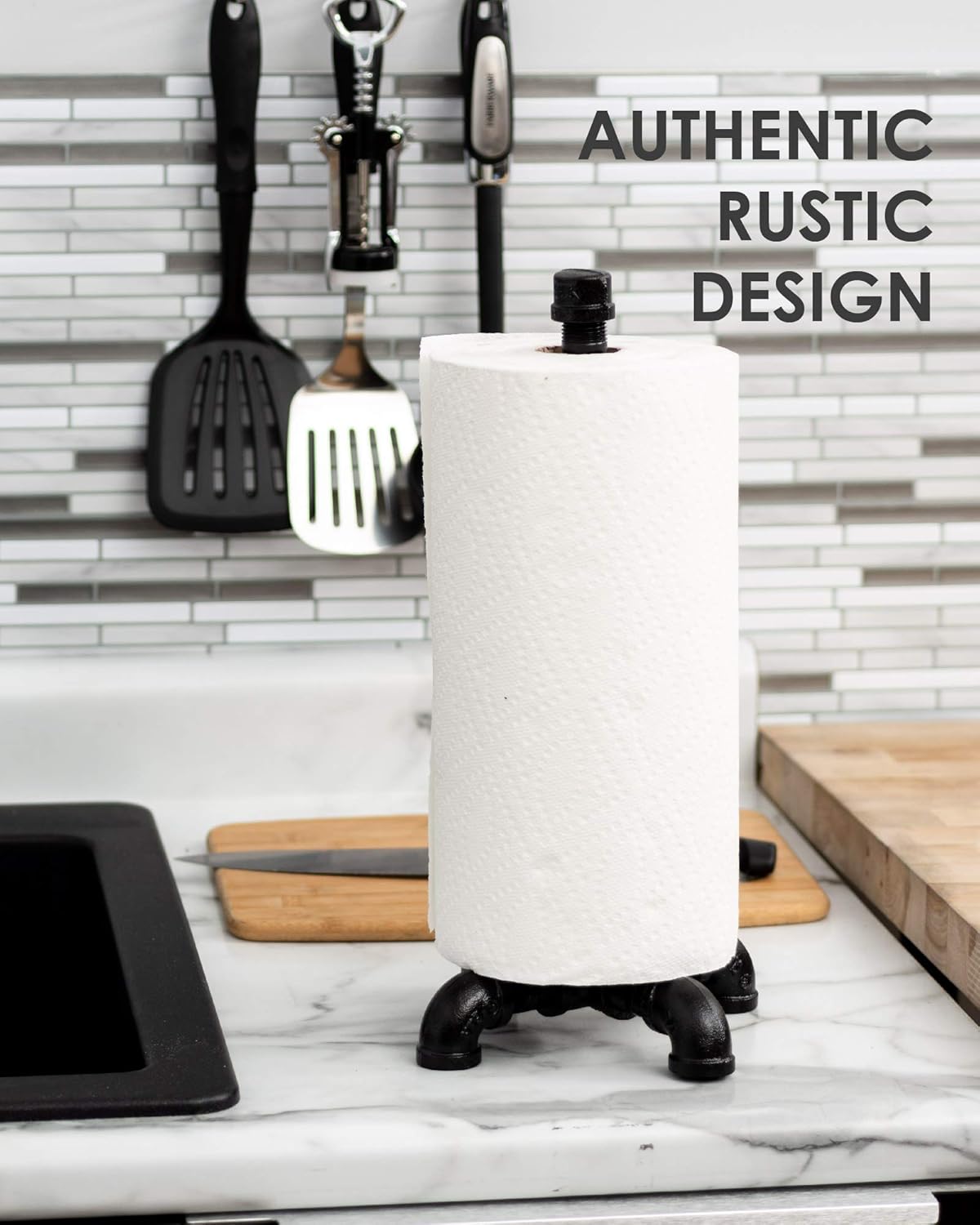Set Pipe DCOR Black Electroplated Industrial Paper Towel Holder, Rustic Kitchen Farmhouse Decoration, Durable Metal