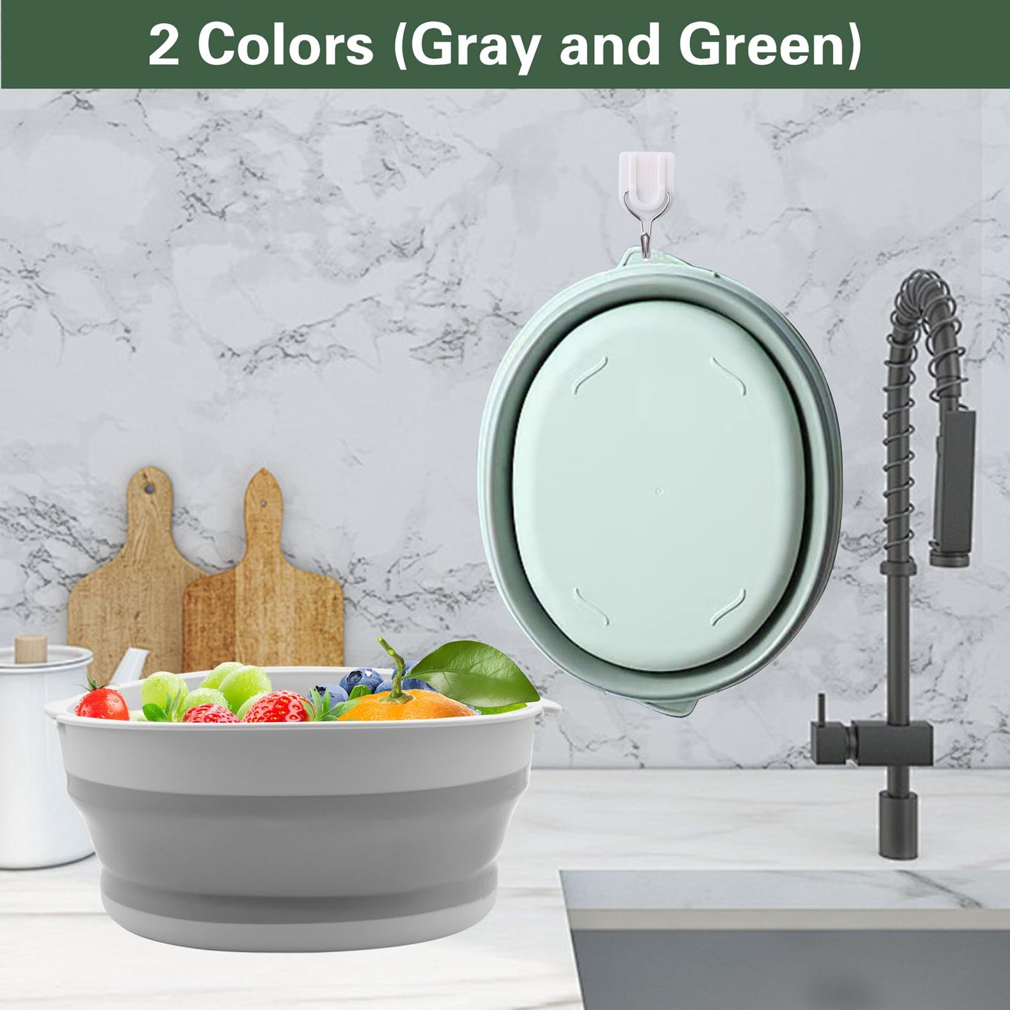 2 Sets 2 in 1 Collapsible Colander Set Including Sink Basin & Strainer Bowl, Foldable Silicone Fruit Washing Basket, Portable Vegetable Washing Tub for Kitchen, RV, Camping (Grey & Green)