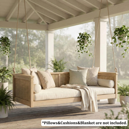 Outdoor Twin Size Porch Swing Bed w/Solid Wood Frame for Garden, All Weather Wooden Swing Bench w/Hand Woven Rattan Backrest & Armrest for Patio, Deck, Balcony, Backyard (Light Teak)