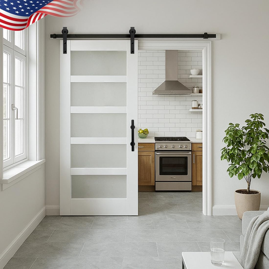 S&Z TOPHAND® 30 in x 96 in Glass Sliding MDF Barn Door with 5FT Sliding Door Hardware Kit, 5 Tempered Frosted Glass, Slab Inside Covered with Water-Proof PVC Surface, Simple DIY Assembly
