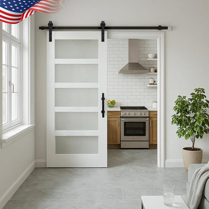 S&Z TOPHAND® 30 in x 96 in Glass Sliding MDF Barn Door with 5FT Sliding Door Hardware Kit, 5 Tempered Frosted Glass, Slab Inside Covered with Water-Proof PVC Surface, Simple DIY Assembly
