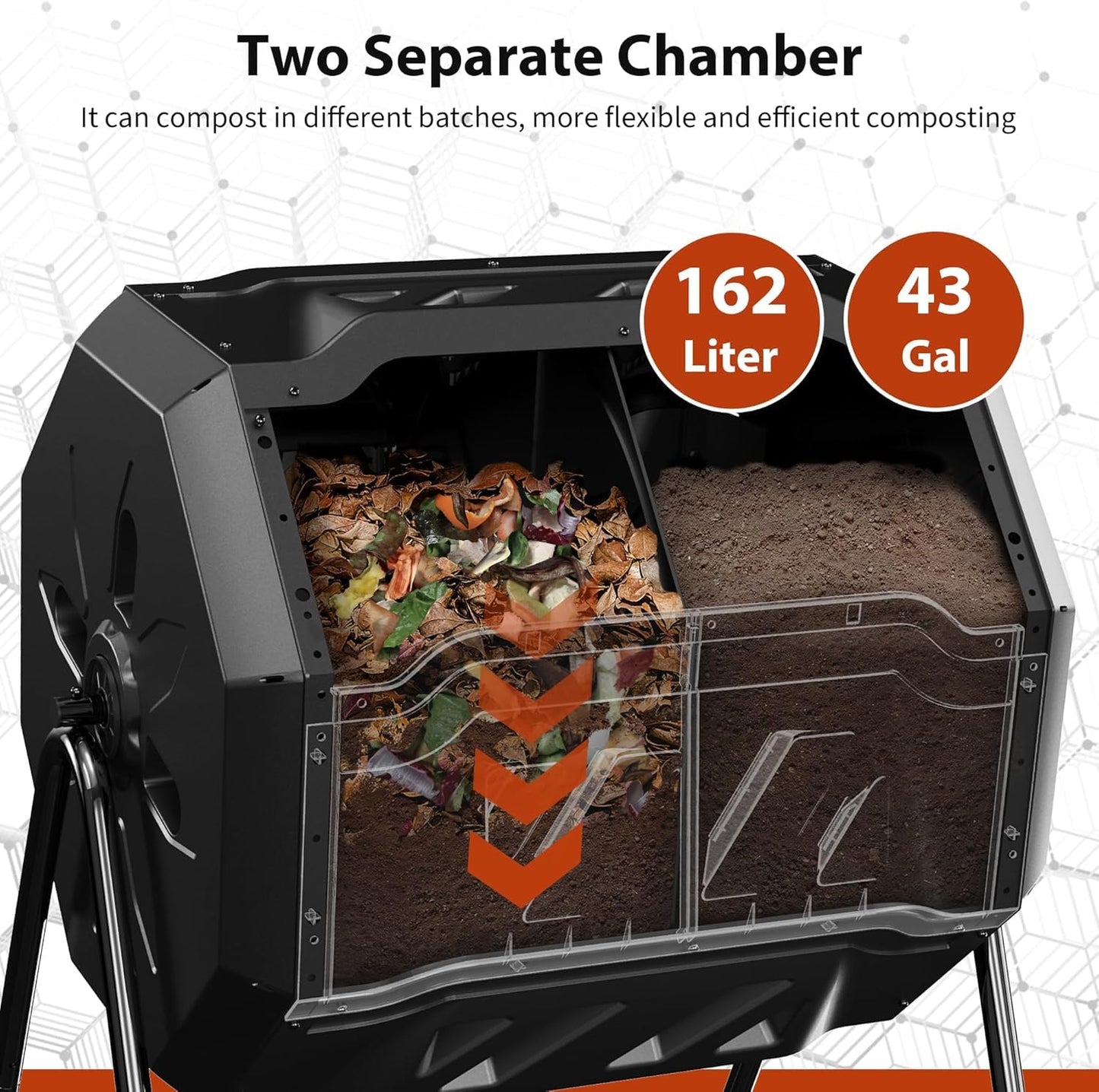 43-Gal Dual Chamber Compost Tumbler Outdoor, 360° Rotating Compost Bin with Steel Frame, Aeration System & 2 Sliding Doors for Kitchen, Garden, Yard - Black Orange