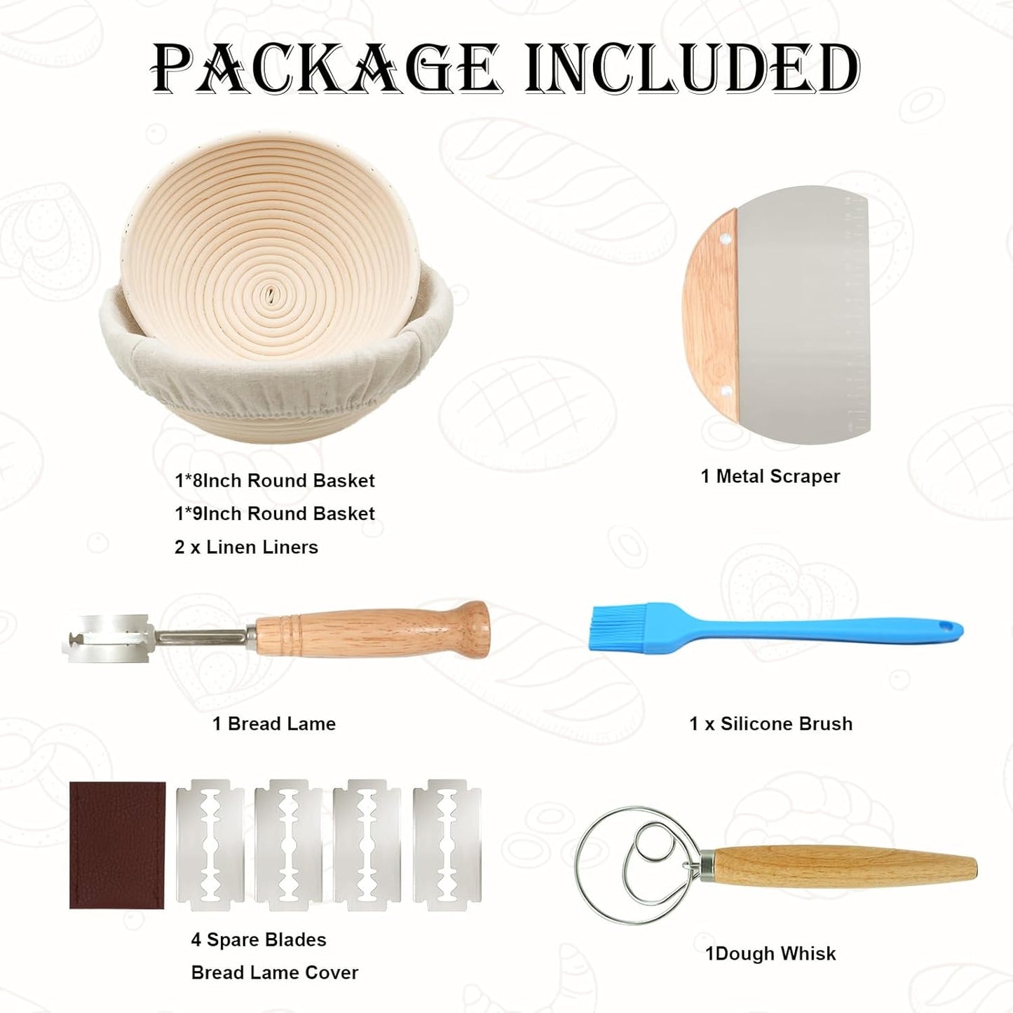 Bread Proofing Basket Set of 2, 8 Inch & 9 Inch Round, Rattan Basket Bowls with Bread Making Tools for Sourdough Baking