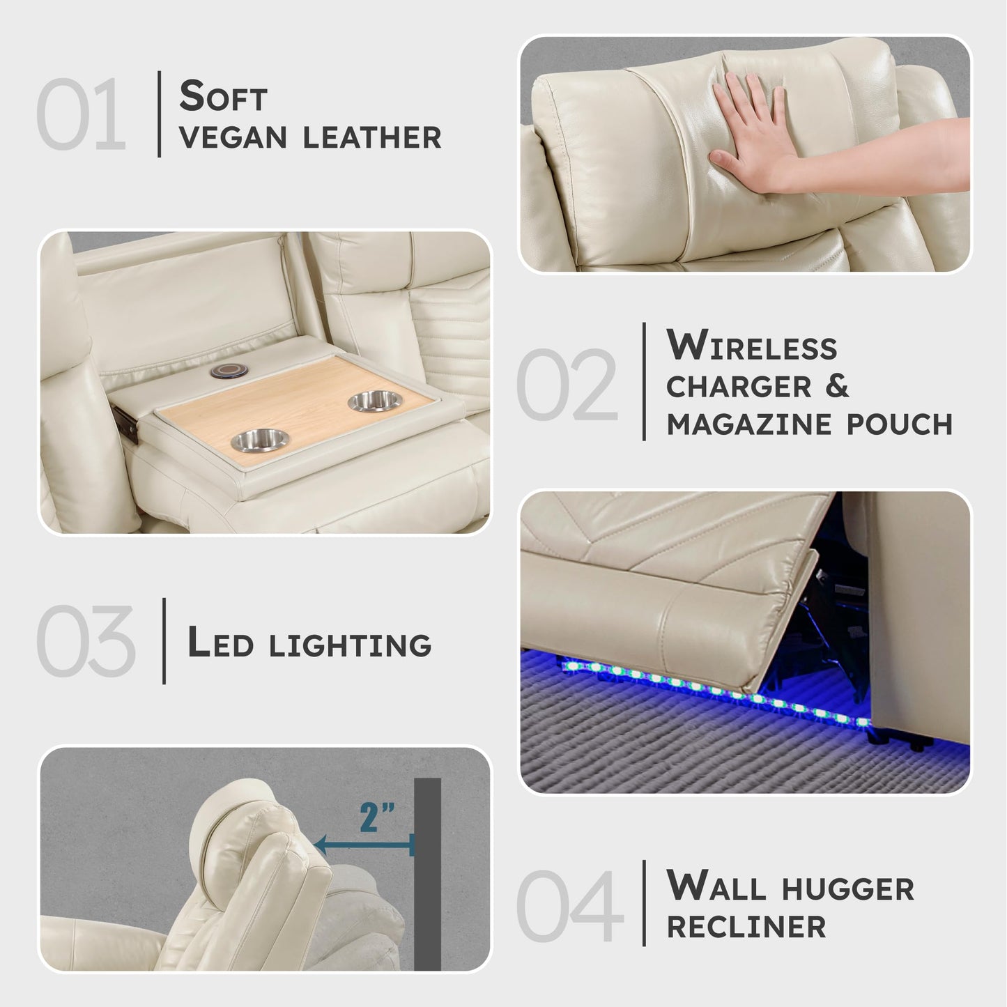 Lexicon Wall Hugger Power Double Reclining Sofa with Center Drop-Down Table, Faux Leather Home Theater Seating with LED Lighting/USB Charging Ports/Wireless Charger/Cup Holders, Magazine Pocket, Beige