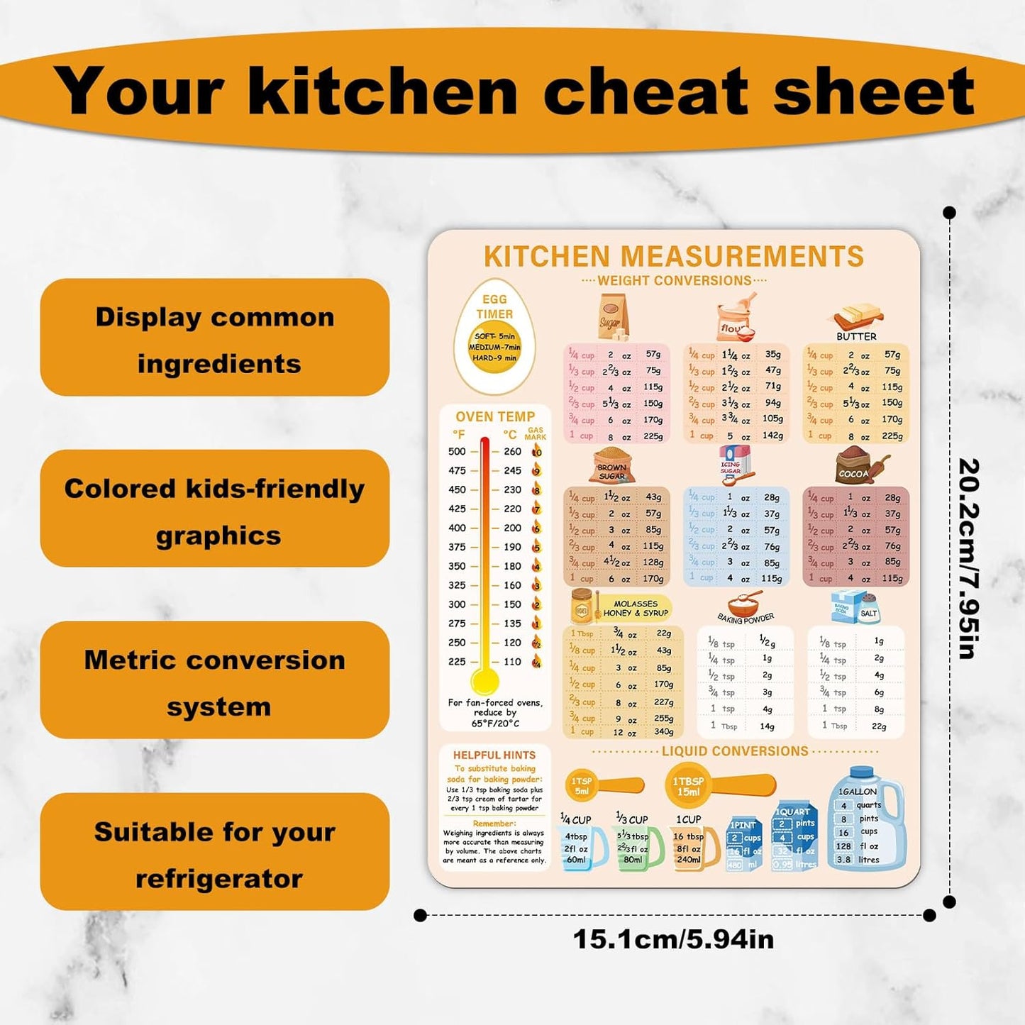 Kitchen Conversion Chart Magnet, 7.95x5.94 inch Measurements Chart for Weight Liquid Temperature, Cute Kitchen Accessory