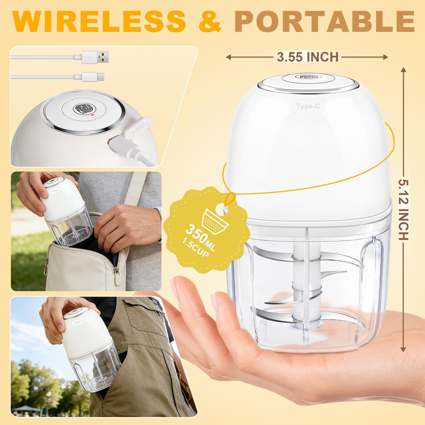 Electric Mini Garlic Chopper 2 Bowls(350ML/1.5Cup&250ML/1Cup) Cordless Mini Food Processor【Up-Durable Motor】【2 Sets 304 Stainless Steel Blades】Grind for Garlic,Onion,Meat,Baby Food,BPA Free (White)