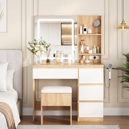 Vanity Desk with Mirror and LED Light, Vanity Desk with 4 Drawers, Power Outlet, Storage Stool, Open Shelves, Hairdryer Holder, Adjustable 3 Lighting Mode, Makeup Vanity Set for Bedroom, Wood Color