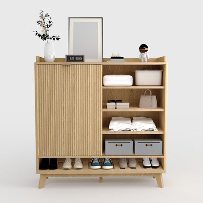 IDEALHOUSE Fluted Shoe Cabinet Storage with 2 Flip Drawers & Sliding Door & Adjustable Shelf Rack，Freestanding Wood Narrow Hidden Shoe Organizer for Entryway, Hallway, Living Room