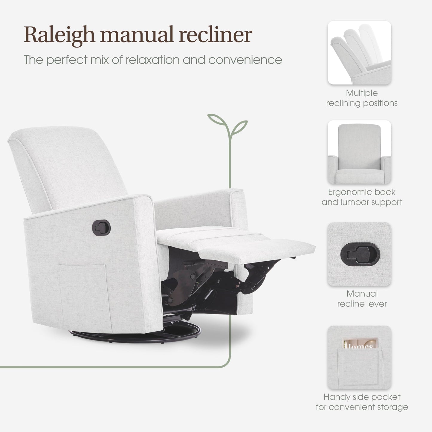 Evolur Raleigh Upholstered Manual Glider Recliner– Rocking & 360° Swivel with Smooth Glide – Greenguard Gold & FSC Certified – Modern Nursery and Living Room Chair in Fog
