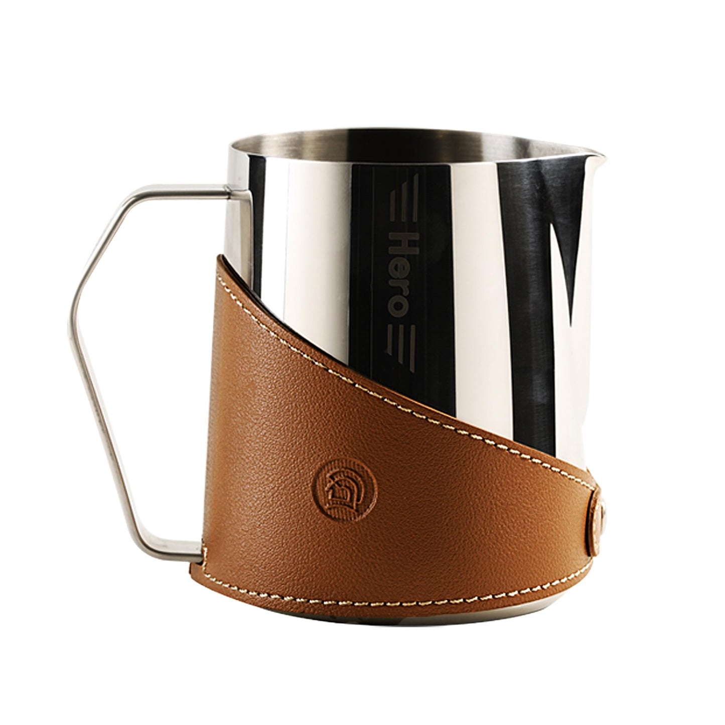 CUFEJORO Milk Frothing Pitcher 450ml/16oz 304 Stainless Steel Espresso Steaming Pitcher with PU Leather, Milk Frothing Jug,milk frother cup,Milk Jug Cup,Premium Barista Tools,Latte Art (Bright,16oz)