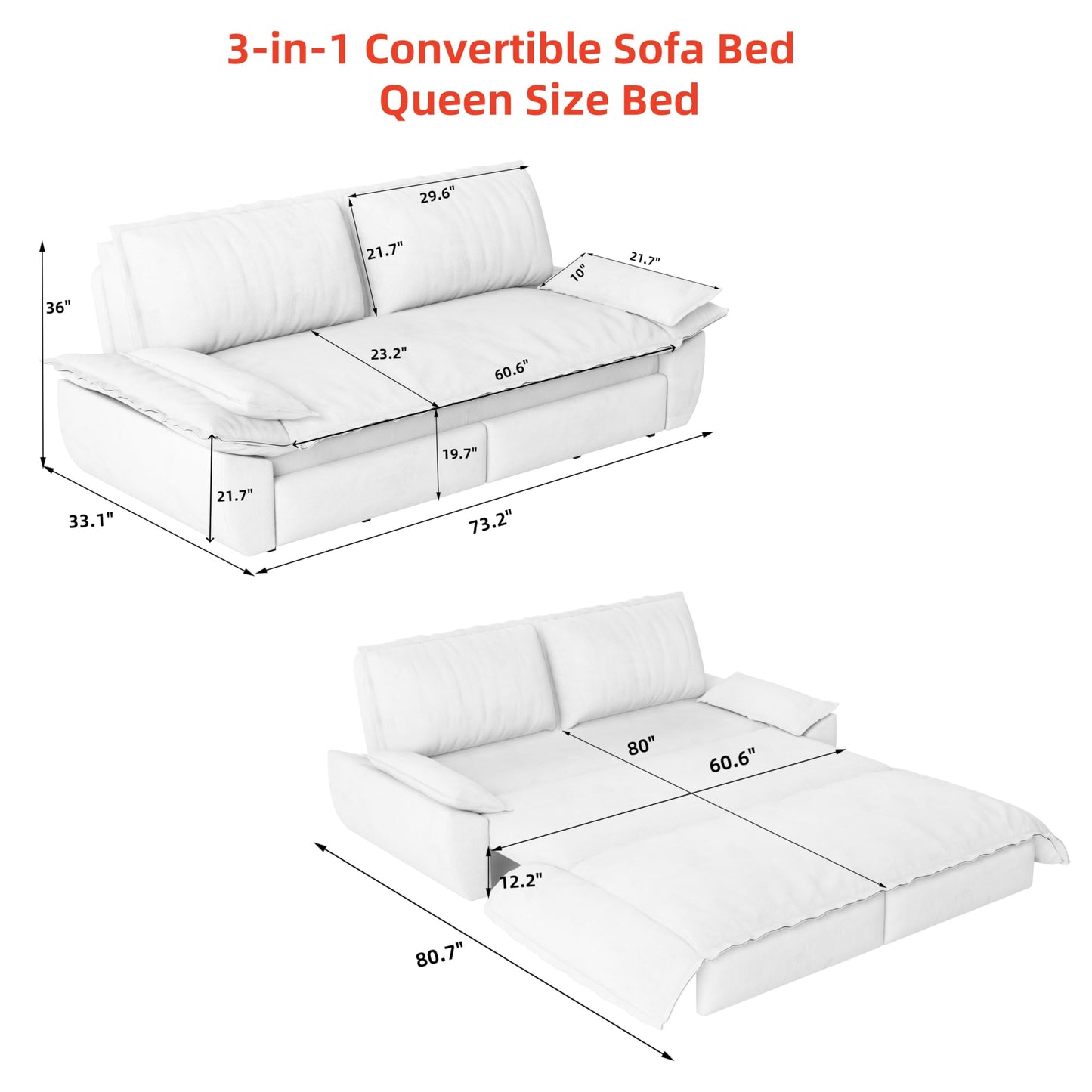 73.2" Oversized Convertible Loveseat Sleeper Sofa Bed for Living Room Queen Size Pull Out Sofabed, 3 in 1 Cloud Upholstered Pullout Lounge Sofa Couch with Pillow-top Armrest