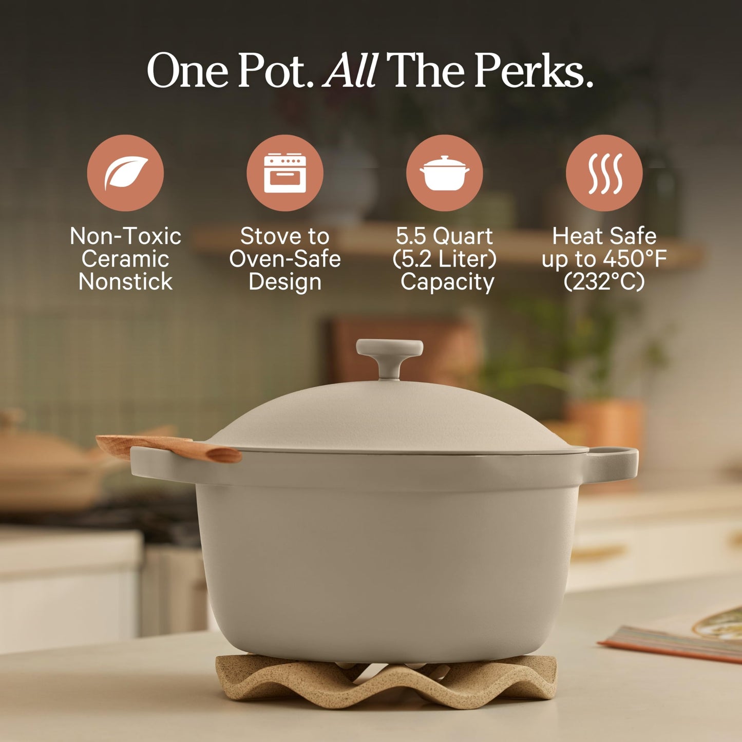 Our Place Perfect Pot | 5.5 Qt Ceramic Pot with Lid & Spatula | Patented 8-in-1, PFAS-Free Nonstick, Non-Toxic Cookware | Induction & Oven-Safe up to 450°F | Steam