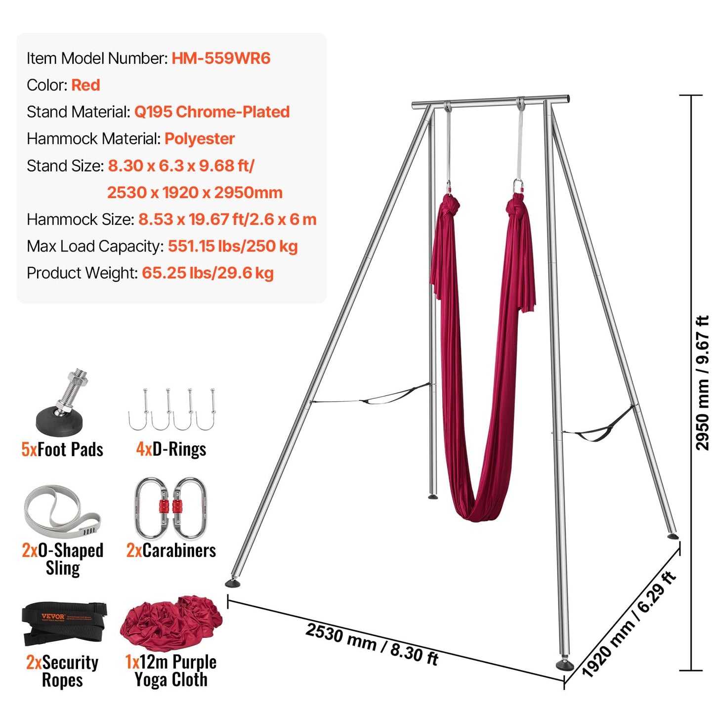 VEVOR Aerial Yoga Frame & Hammock, 551.15 lbs Load Capacity, 9.68 ft Height Professional Yoga Swing Stand Comes with 6.6 Yards Hammock, Rigging Hardware for Indoor Outdoor Fitness Bodybuilding, Red