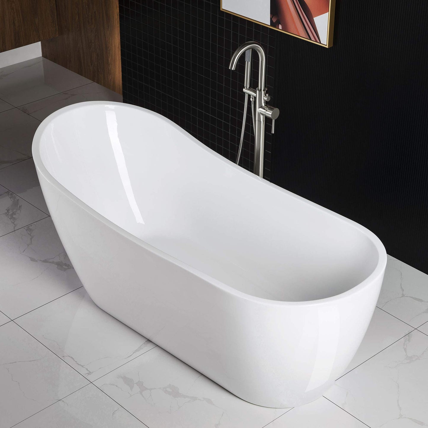 WOODBRIDGE 67" Acrylic Freestanding Bathtub Contemporary Soaking White Tub with Brushed Nickel Overflow and Drain，B-0001-BN