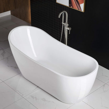WOODBRIDGE 67" Acrylic Freestanding Bathtub Contemporary Soaking White Tub with Brushed Nickel Overflow and Drain，B-0001-BN
