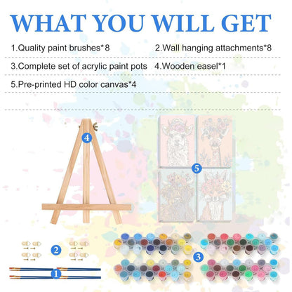 bleihum 4 Pack Paint by Numbers kit for Adults with Frame and Wooden Easel, Animals Paint by Number Canvas, Easy Paint by Numbers Kit for Adults Beginner Home Wall Decor Gift (8x12 inch)