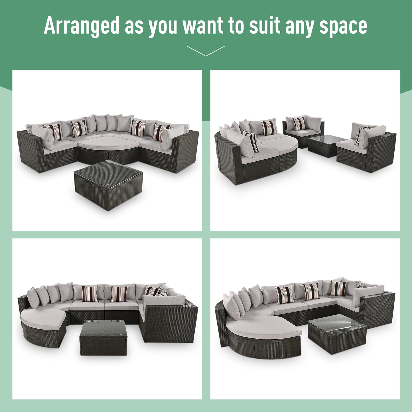 Merax 7 Pieces Outdoor Patio Furniture, 6 Seat Wicker Sectional Lounger Sofa Chair Set with Table, All Weather Rattan Conversation Sleeper Couch Bed Sets for Garden Poolside, Cushions & Pillows, Beige