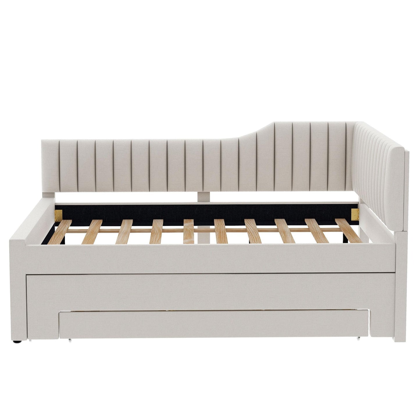 Merax Full Size Upholstered Wood Daybed Extendable Sofa Bed with Trundle and Three Storage Drawers for Living Room Guest Room, Beige