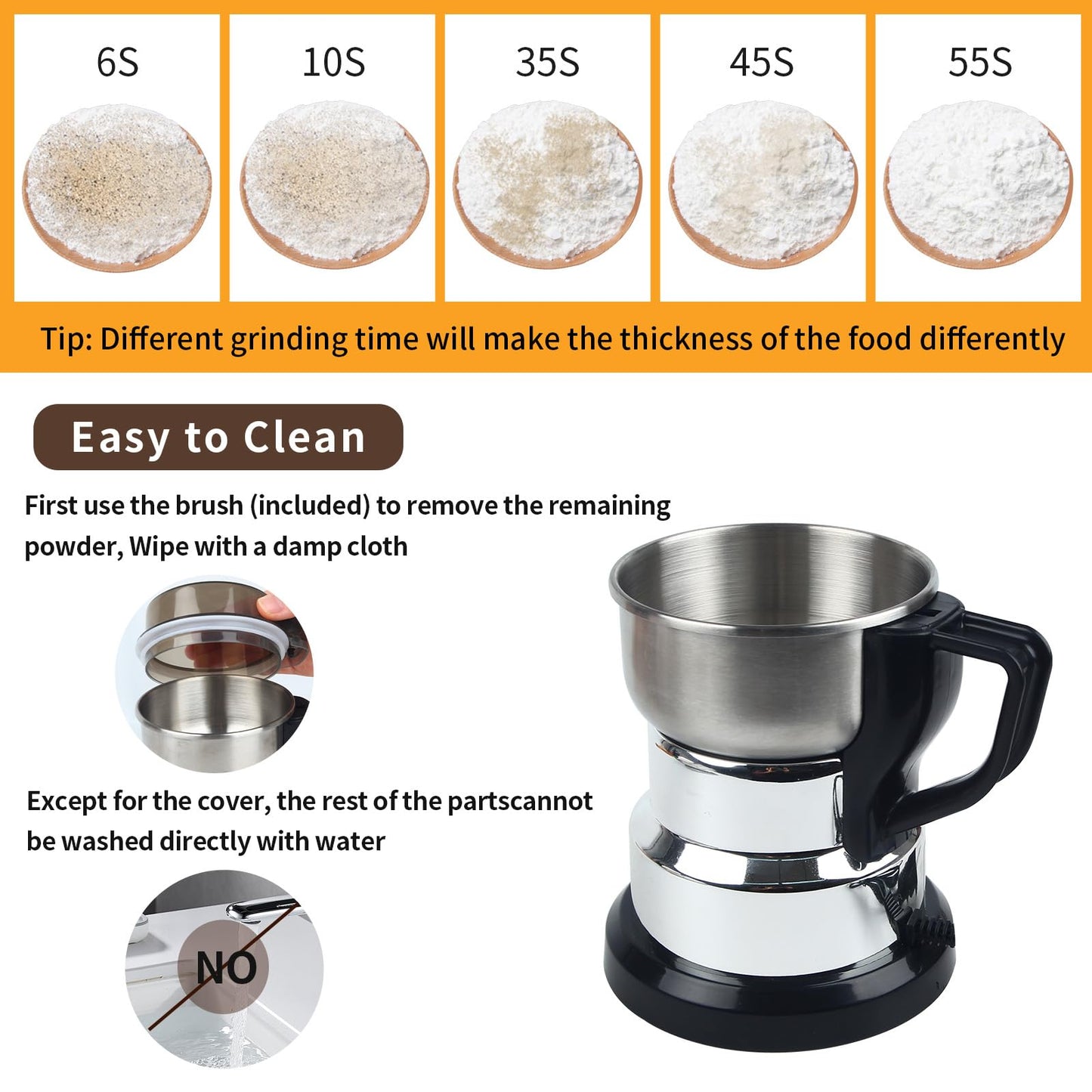 Huitban Electric Coffee Grinders，150-300w Silver Spice Grinder, One-Button Operation to Grinder Coffee Beans, Spices, Dry Herbs, Nuts, etc.1 Plastic Brush and 1 Plastic Spoon Included