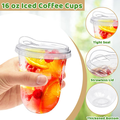 Alaeseje 50 Pack Clear Plastic Cups with Strawless Sip Lids,16 oz Iced Coffee Cups with Lids,Disposable PET Crystal Cups,Round Bottom To Go Cup for Iced Coffee Juice Smoothie Cold Beverage