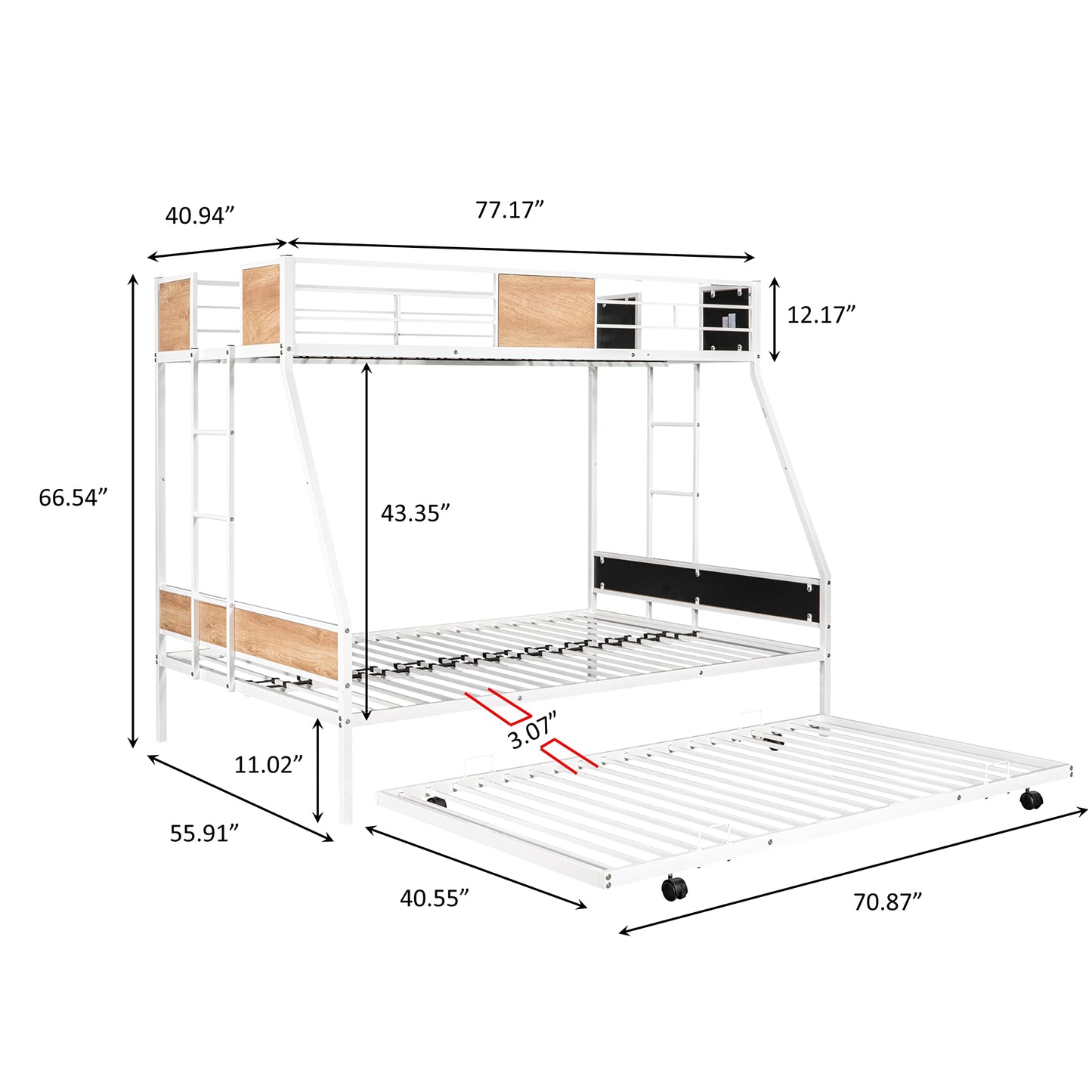 Metal Twin Over Full Bunk Bed with Trundle,Heavy Duty Bunk Beds Twin Over Full, Space-Saving Bunk Bed for Kids/Teens/Adults,White