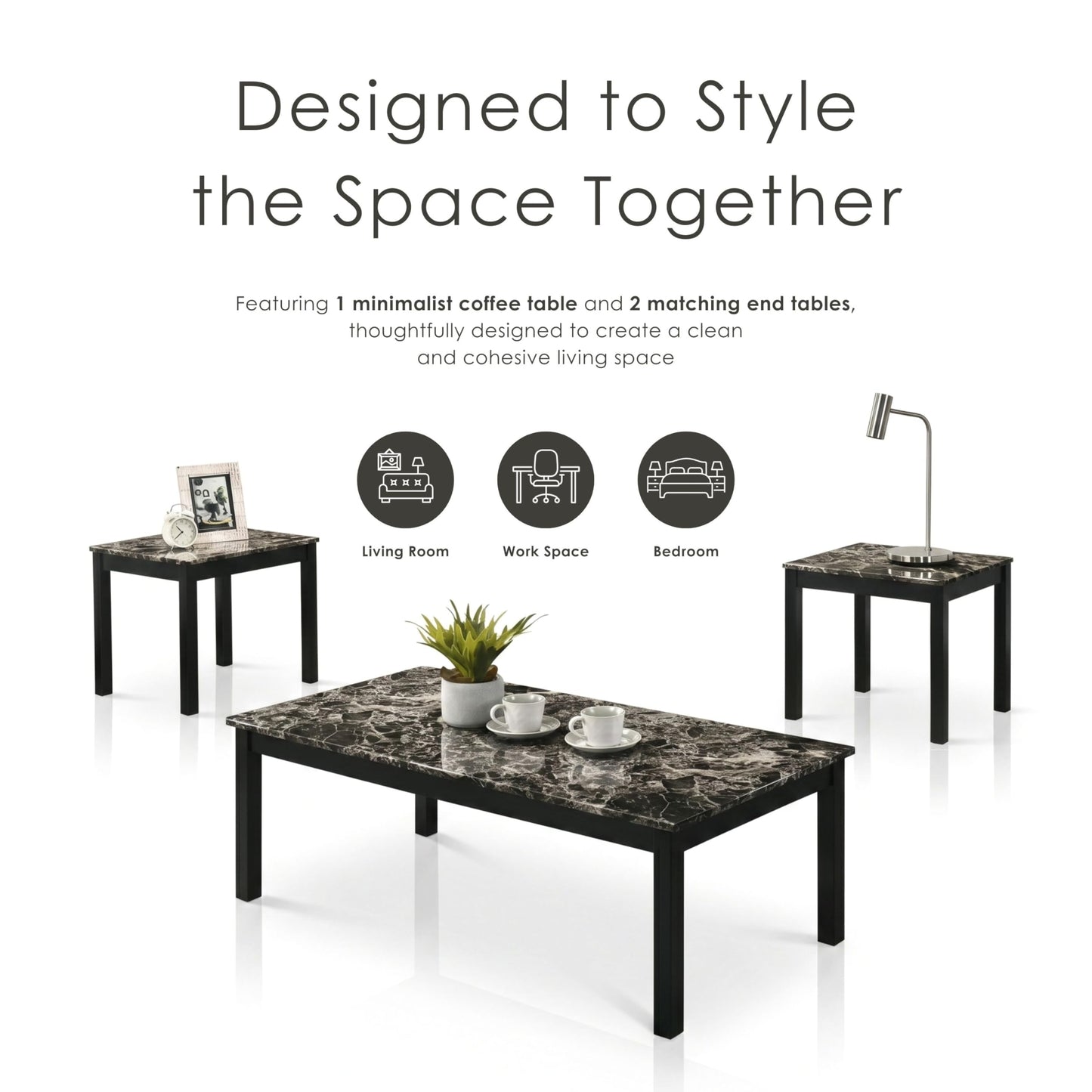 Furniture of America Isime Modern Contemporary Solid Wood 47.5-inch 3-Piece Coffee Table Set with Faux Marble Top for Living Room, Office, Black and White