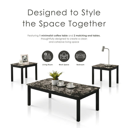 Furniture of America Isime Modern Contemporary Solid Wood 47.5-inch 3-Piece Coffee Table Set with Faux Marble Top for Living Room, Office, Black and White