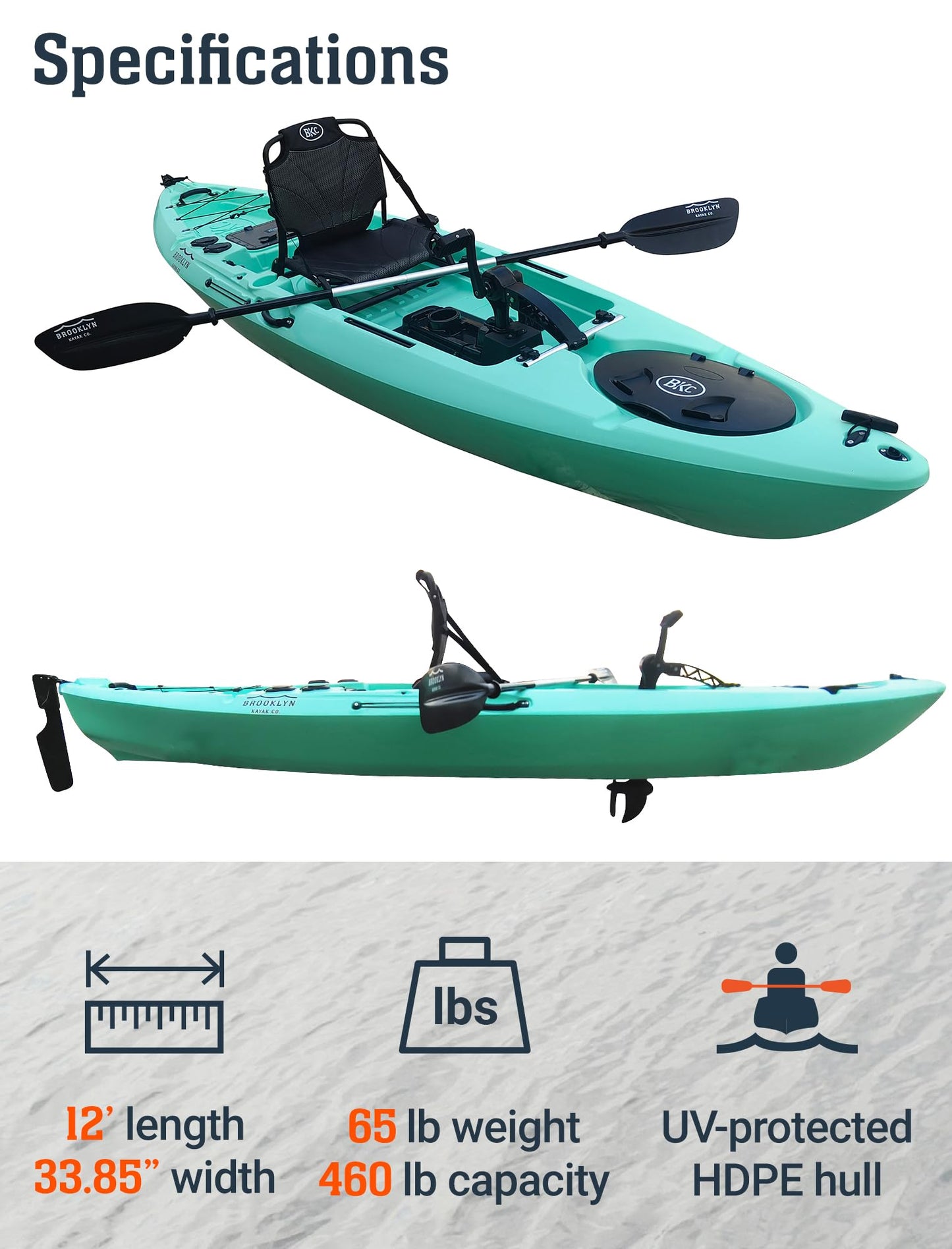 Upgraded Brooklyn 12.0 Pro Pedal Drive Propeller Kayak by BKC, 12 ft Hands-Free Single Fishing Kayak, Rudder Steering, 70 lb Hull, Watertight Storage & Adjustable Seat