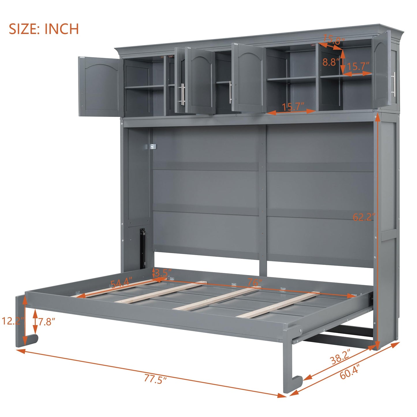 YOPTO Full Size Murphy Bed Cabinet,Folding Wall Bed Frame with Top Storage Lockers,Hidden Platform Bed Chest W/Wood Slats Support,Space-Saving,Easy Assembly,for Bedroom,Guest Room,Home,Office,Gray