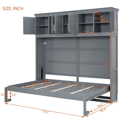 YOPTO Full Size Murphy Bed Cabinet,Folding Wall Bed Frame with Top Storage Lockers,Hidden Platform Bed Chest W/Wood Slats Support,Space-Saving,Easy Assembly,for Bedroom,Guest Room,Home,Office,Gray