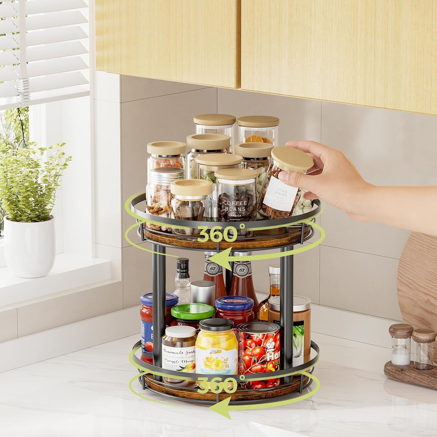 12'' 2 Countertop, LAMU Wood Lazy Susan Spice Rack Organizer, Tier Spice Organization for Cabinet, Kitchen, Table Top