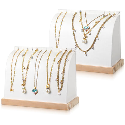 2 Pcs Cambered Wooden Necklace Display Stand with Soft PU Leather Mat, Necklace Bracelet Pendant Chokers Chains Organizer Holder, White Tabletop Jewelry Display Storage Holder for Selling Exhibition