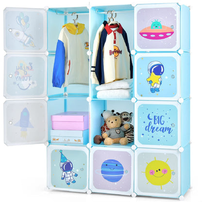 INFANS Children Wardrobe, Kid Closet Portable Baby Dresser Cute for Kids Bedroom Nursery Armoire with Doors 12 Cube 2 Hanging Sections, Kid Clothes Storage Organizer (Blue, 12 Cubes)