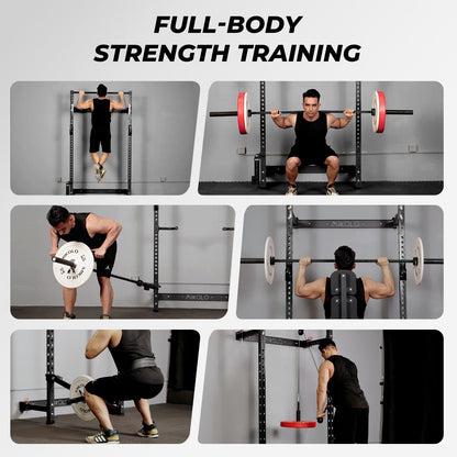 Mikolo 2" x 2" Folding Wall Mounted Squat Rack, 1000 Pounds Capacity Power Rack with Safety Catches, Pull Up Bar, J Hooks and Landmine Attachment, Space-Saving Home Gym(Black