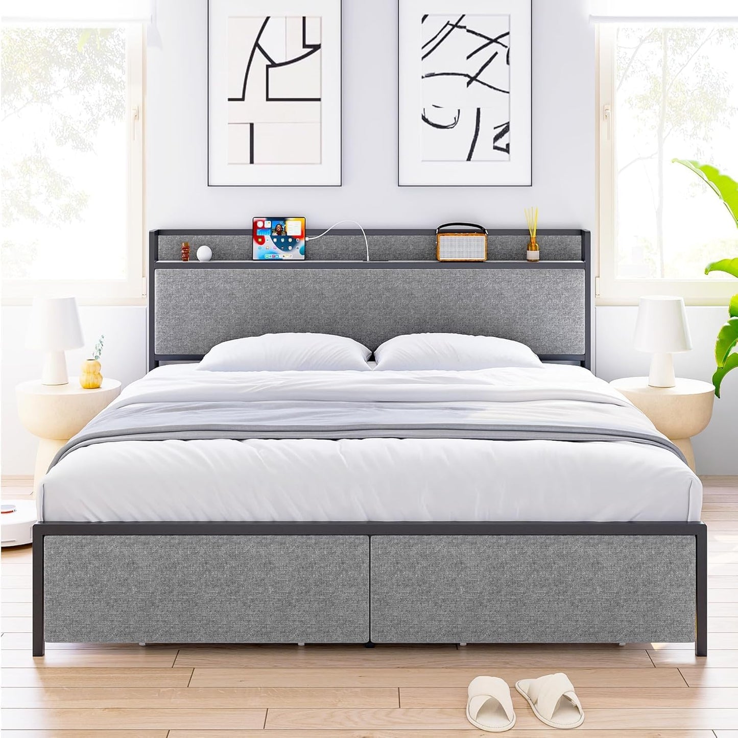 Garvee King Size Bed Frame with 2 Storage Drawers and USB Ports, Upholstered Platform Bed with Headboard, Sturdy & Noise Free, Under Bed Storage, No Box Spring Needed, Gray