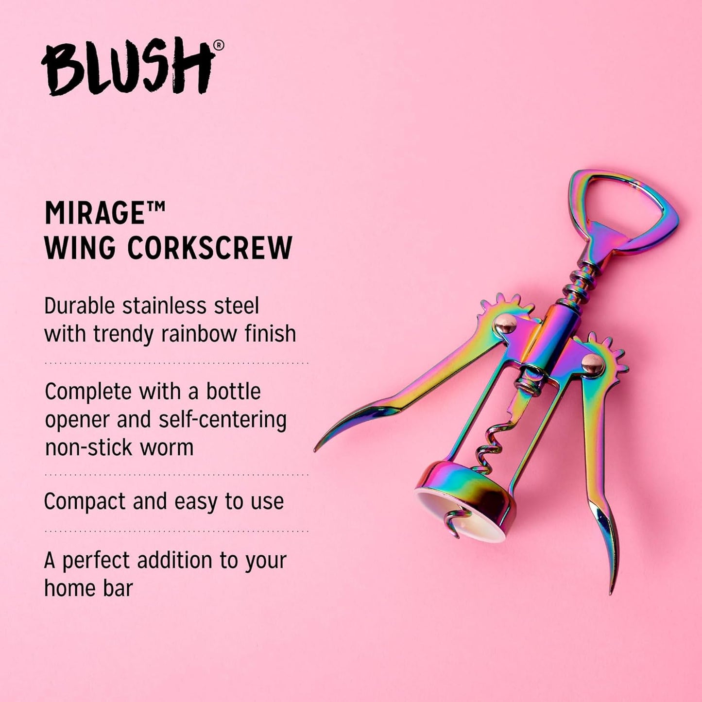 Blush Winged Corkscrew, Iridescent Bottle Opener, Rainbow Wine Gift Accessory, Mirage, Set of 1