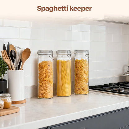 ComSaf 3-Pack 68oz 13-Inch Tall Glass Pasta Containers for Spaghetti & Long Pasta, Slender Airtight Canisters for Vertical Pantry Organization, Food Storage Jars for Linguine & Breadsticks