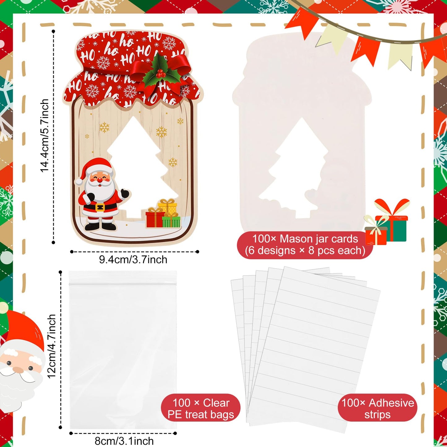 Honeydak 100 Set Mason Jar Cards Kit with 100 Clear Treat Bags & 100 Adhesive Strips, DIY Goodie Bags, Party Favors Supplies, Gift Exchange, Holidays Prizes