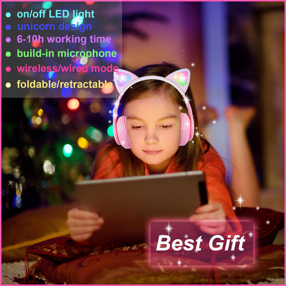 HOYJACY Cat Ear Kids Bluetooth Headphones for Girls Children Teens, LED Light Up Wireless/Wired Mode Foldable Stereo Girls Headphones with Built-in Mic for School Birthday Xmas Gift (Pink)
