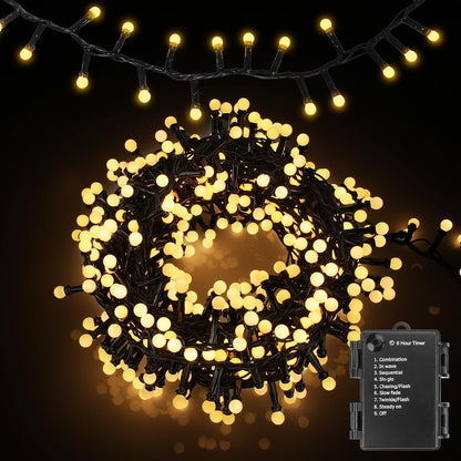 16Ft 100LEDs 8 Christmas Lights Battery-Powered,Mimi Globe Lights Modes,Indoor Outdoor Cluster String Lights