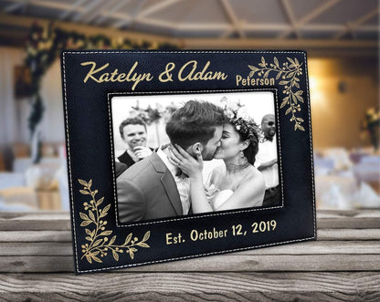 Personalized Newlywed Couples Leather Picture Frame - 7x5 Engraved Wedding Anniversary Gift