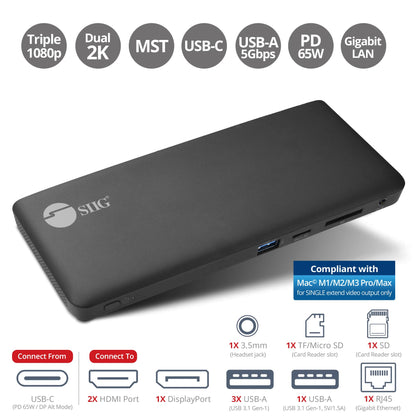 SIIG USB-C MST Triple Monitor Docking Station for Windows Thunderbolt 3 Compatible Single 4K Dual 2K Triple 1080p 65W PD, HDMI/DisplayPort, Gigabit Ethernet, SD/TF, USB 3.0 and Audio (JU-DK0R11-S1)