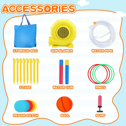 FINCOME Water Bounce House with Double Slide for Kids 3-10, Large Inflatable Water Bouncy Castle with Long Water Slide Jumping Climbing Pool Air Blower, Bouncy House for Party Birthday Holiday Summer