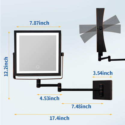 Ruacq Rechargeable Wall Mounted Makeup Mirror with Lights, Double Sided 1X/10X Magnifying Vanity Mirror with 3 Color Lighting, Touch Screen Dimmable, 360° Rotation Extension Foldable Arm(Matte Black)