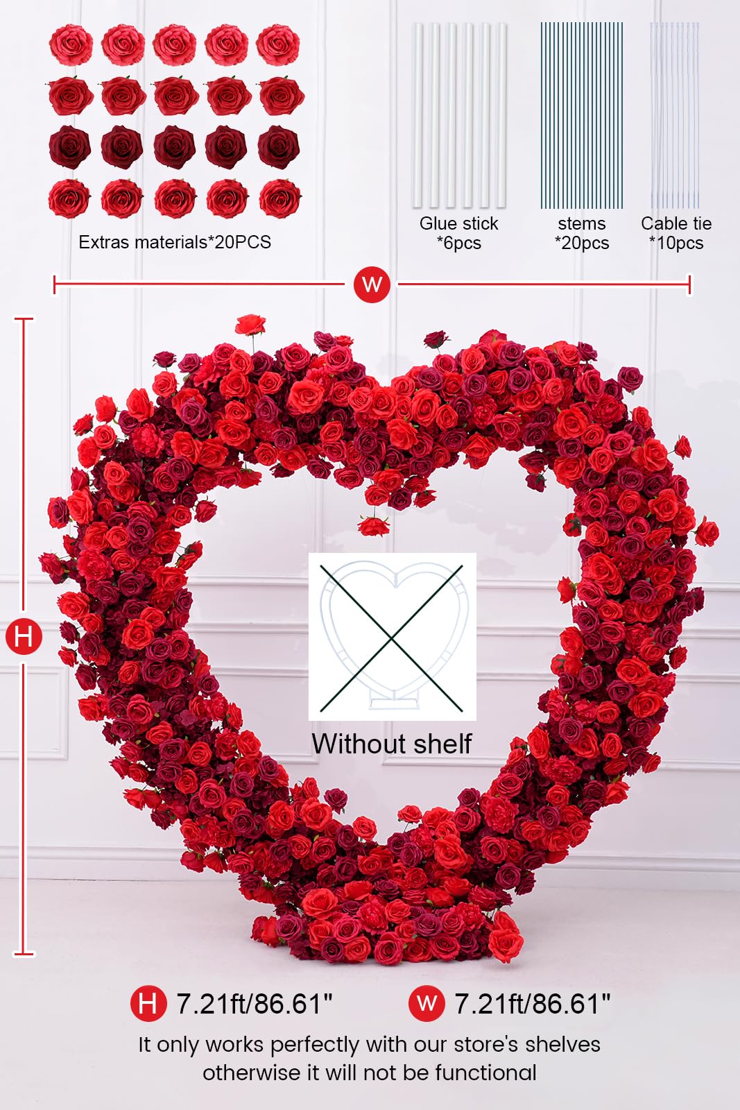 Fabric Cloth Base Artificial Flower Arrangement Decorative Heart Shaped Wedding Arch Backdrop Marriage Proposal Outdoor Party Event Decoration (Dark Red & Red Flowers no Arch)
